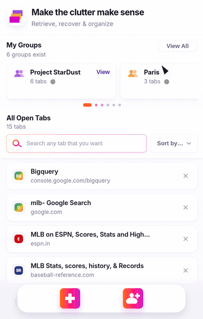 Animation showing Unmessy Tabs managing Chrome tab groups from the side panel