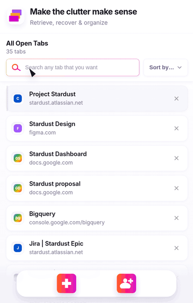 Animation showing Unmessy Tabs searching open and recently closed Chrome tabs